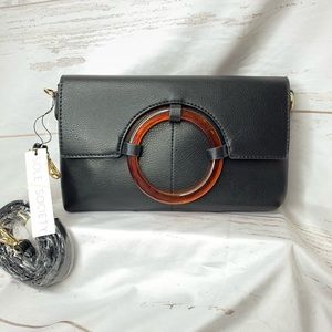 Sole Society Hallie faux leather fold over clutch black with tortoise shell